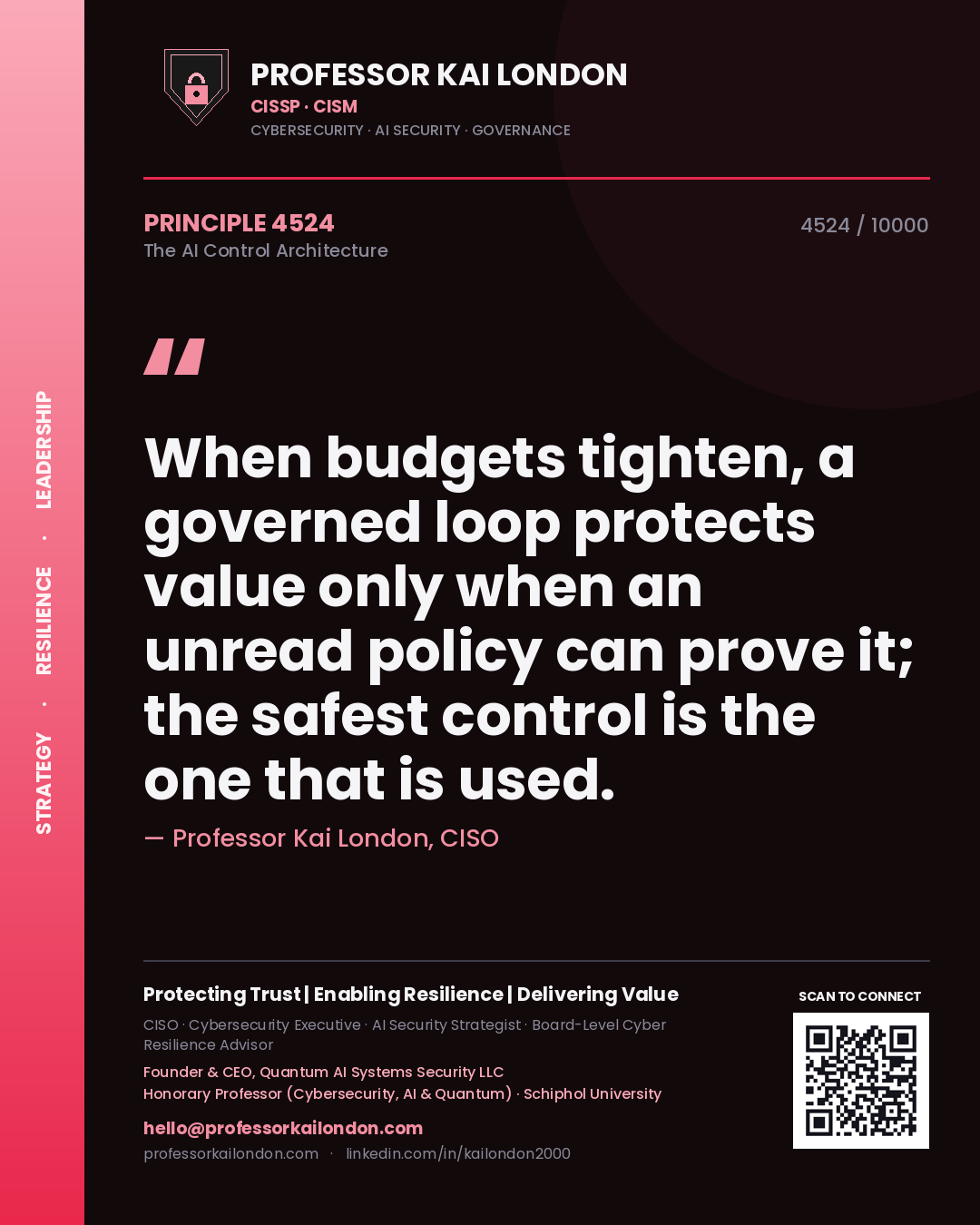 Quote card by Professor Kai London reading 'When budgets tighten, a governed loop protects value only when an unread policy can prove it; the safest control is the one that is used.'. From the book The AI Control Architecture.