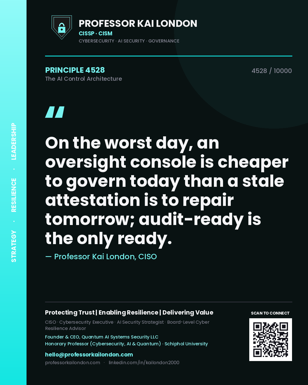 Quote card by Professor Kai London reading 'On the worst day, an oversight console is cheaper to govern today than a stale attestation is to repair tomorrow; audit-ready is the only ready.'. From the book The AI Control Architecture.