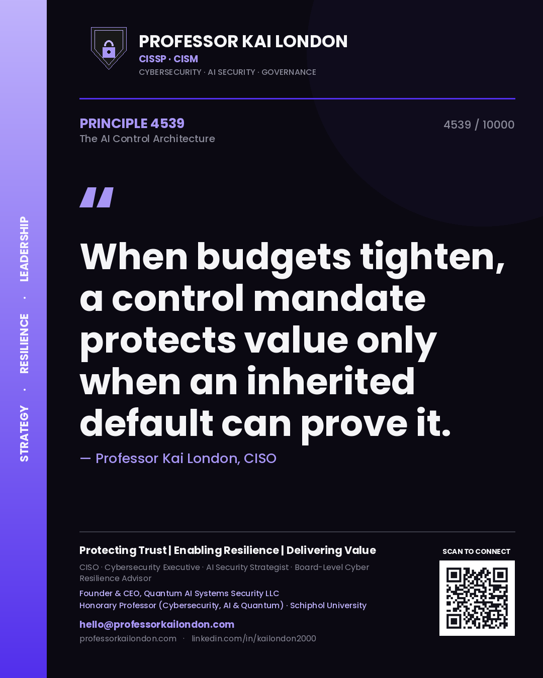 Professor Kai London principle 4539: When budgets tighten, a control mandate protects value only when an inherited default can prove it.
