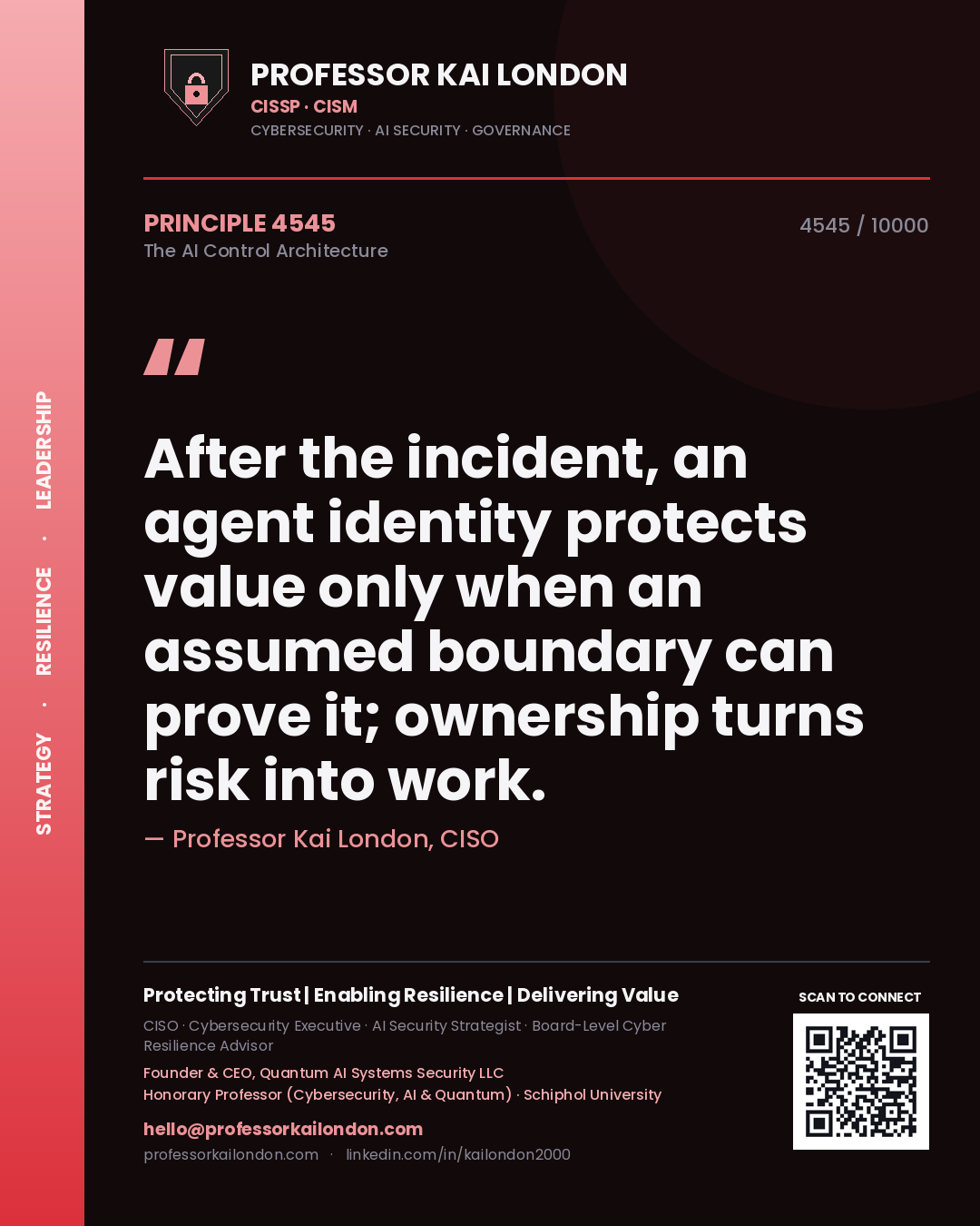 Professor Kai London principle 4545: After the incident, an agent identity protects value only when an assumed boundary can prove it; ownership turns risk into work.