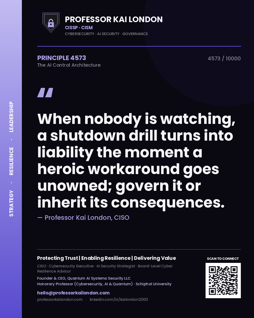 Professor Kai London principle 4573: When nobody is watching, a shutdown drill turns into liability the moment a heroic workaround goes unowned; govern it or inherit its consequences.