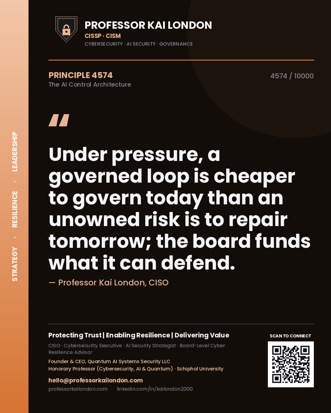 Quote card by Professor Kai London reading 'Under pressure, a governed loop is cheaper to govern today than an unowned risk is to repair tomorrow; the board funds what it can defend.'. From the book The AI Control Architecture.