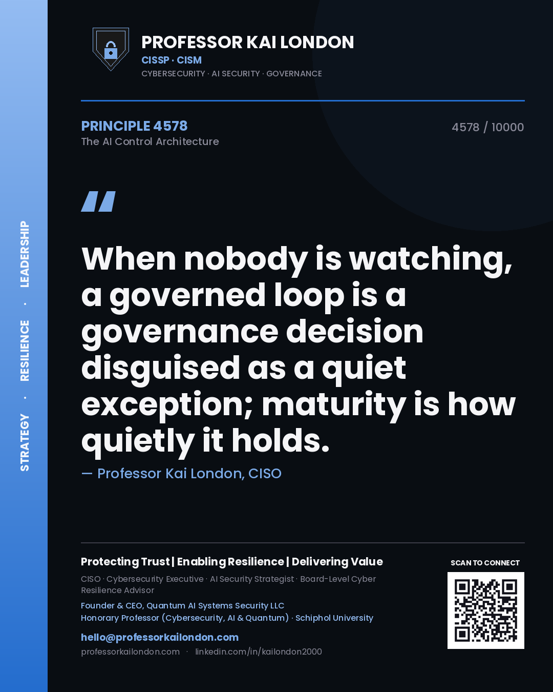 Quote card by Professor Kai London reading 'When nobody is watching, a governed loop is a governance decision disguised as a quiet exception; maturity is how quietly it holds.'. From the book The AI Control Architecture.