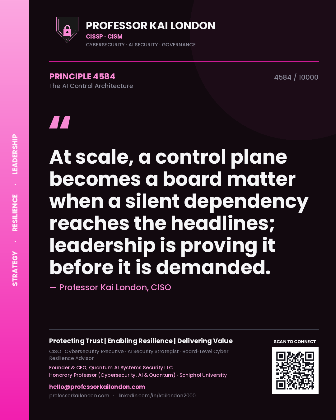 Quote card by Professor Kai London reading 'At scale, a control plane becomes a board matter when a silent dependency reaches the headlines; leadership is proving it before it is demanded.'. From the book The AI Control Architecture.