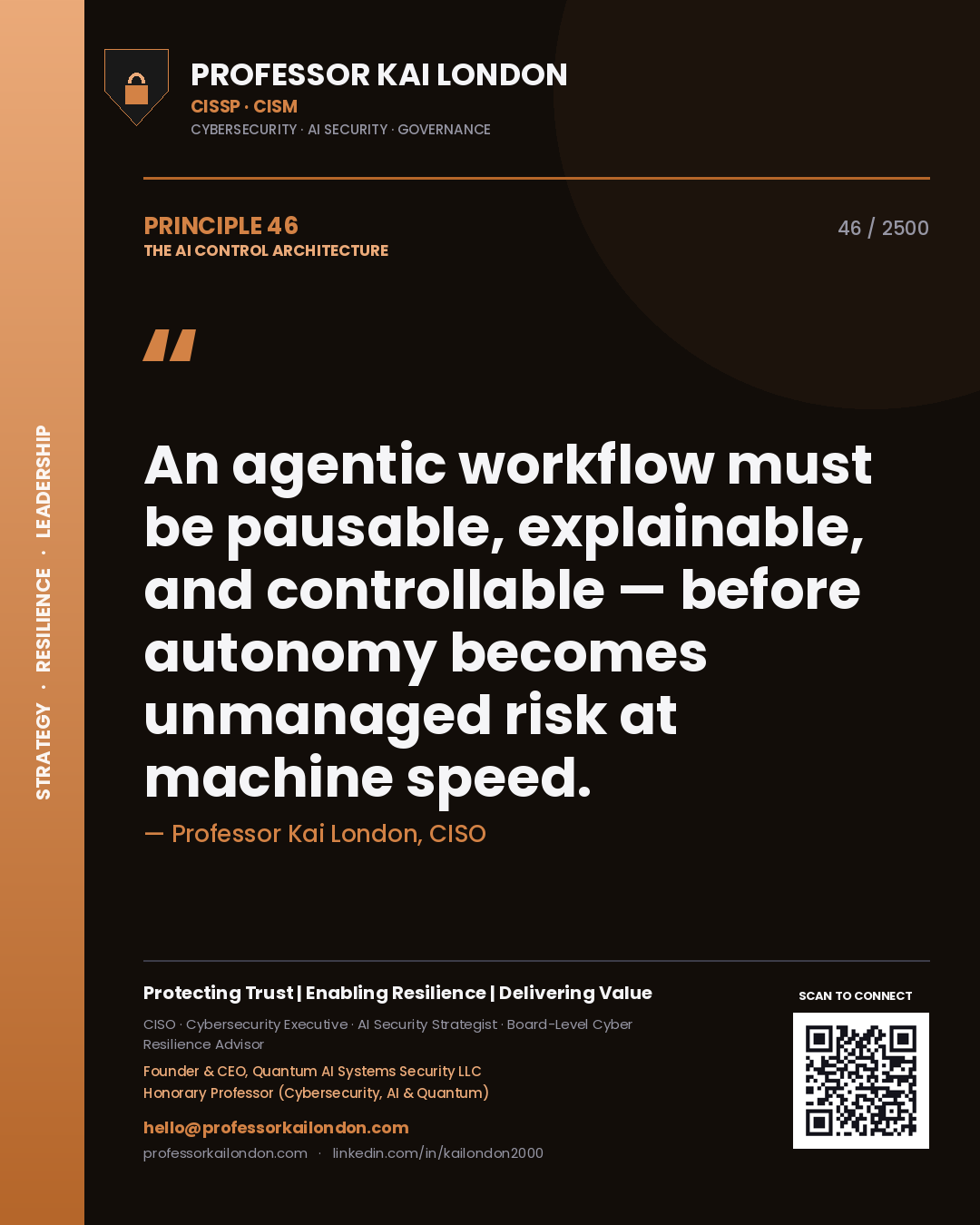 Professor Kai London principle 46: An agentic workflow must be pausable, explainable, and controllable — before autonomy becomes unmanaged risk at machine speed.