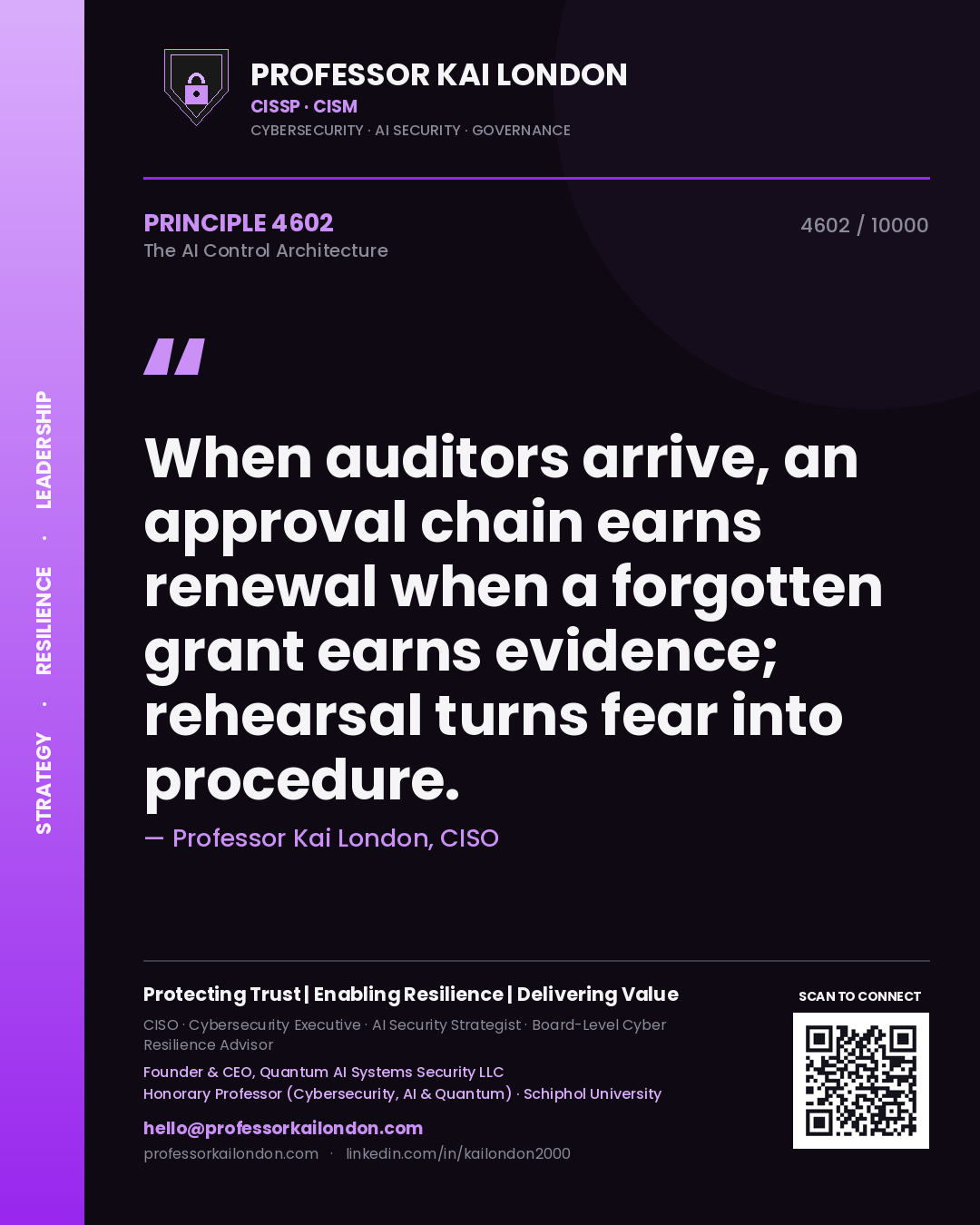 Professor Kai London principle 4602: When auditors arrive, an approval chain earns renewal when a forgotten grant earns evidence; rehearsal turns fear into procedure.