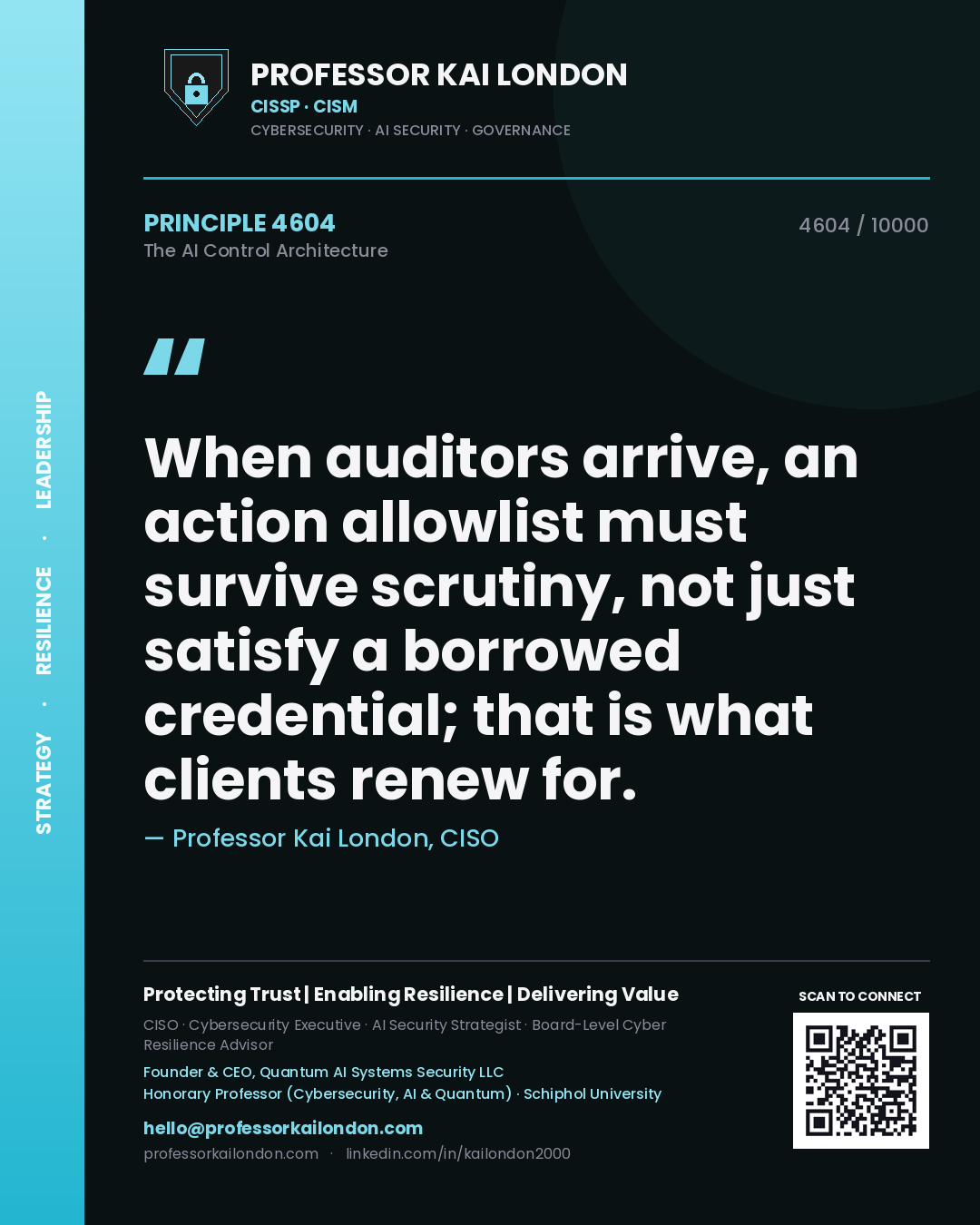 Professor Kai London principle 4604: When auditors arrive, an action allowlist must survive scrutiny, not just satisfy a borrowed credential; that is what clients renew for.