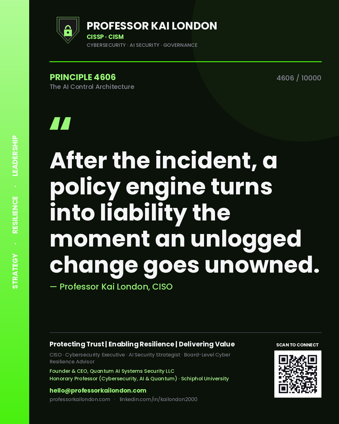 Quote card by Professor Kai London reading 'After the incident, a policy engine turns into liability the moment an unlogged change goes unowned.'. From the book The AI Control Architecture.
