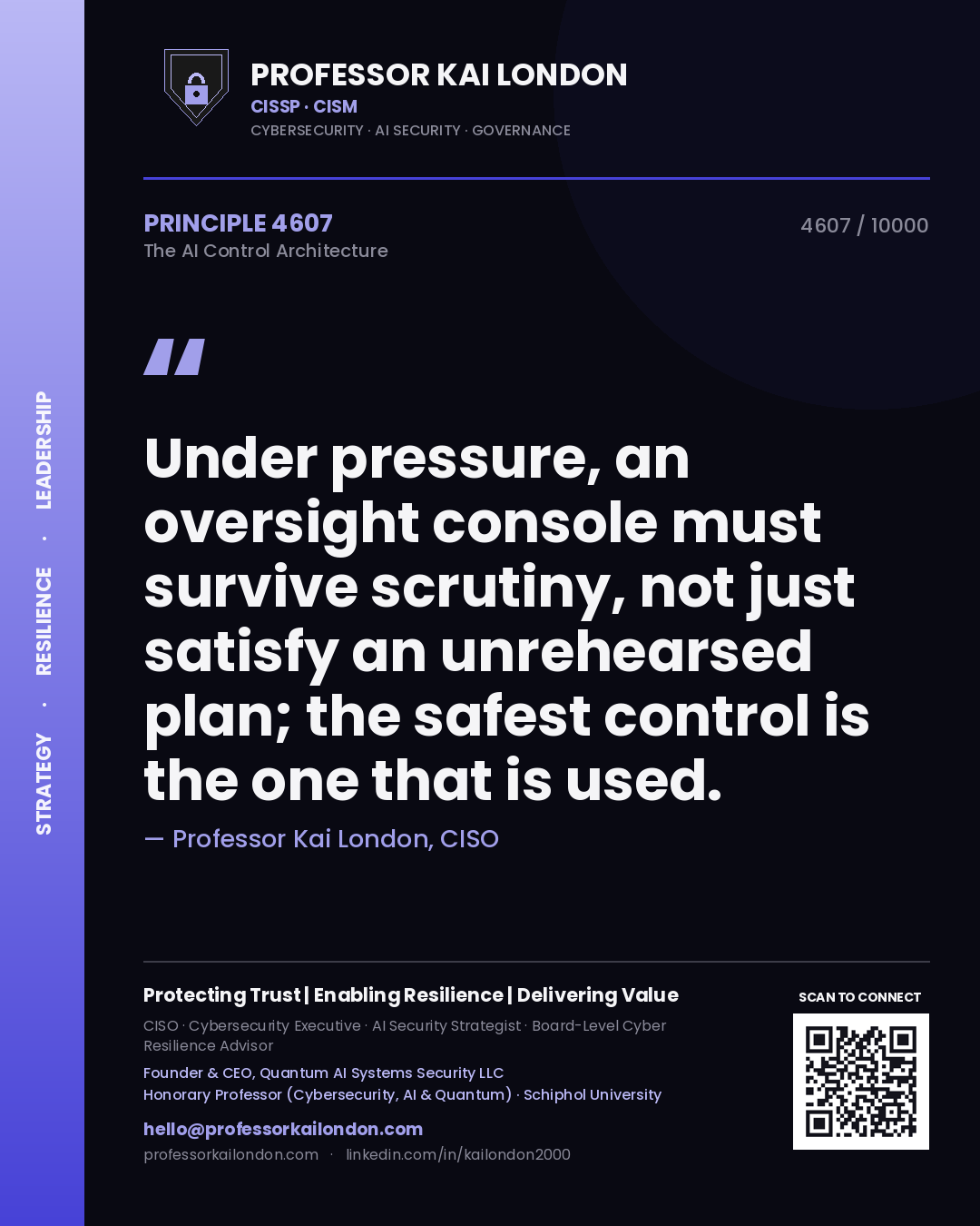 Professor Kai London principle 4607: Under pressure, an oversight console must survive scrutiny, not just satisfy an unrehearsed plan; the safest control is the one that is used.