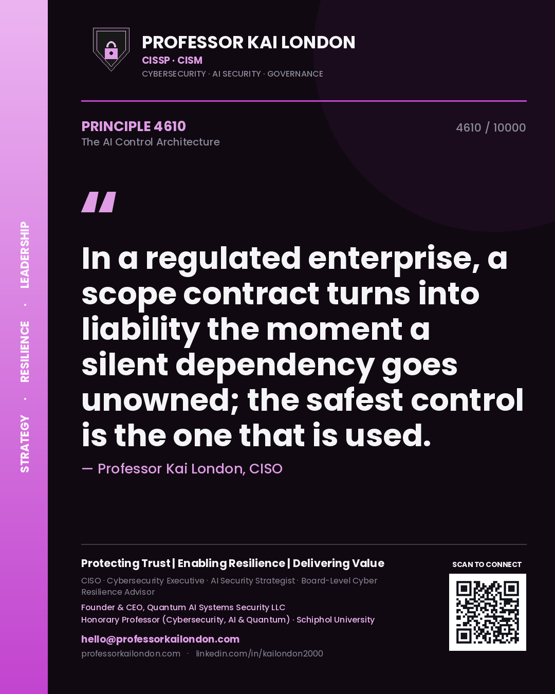 Professor Kai London principle 4610: In a regulated enterprise, a scope contract turns into liability the moment a silent dependency goes unowned; the safest control is the one that is used.