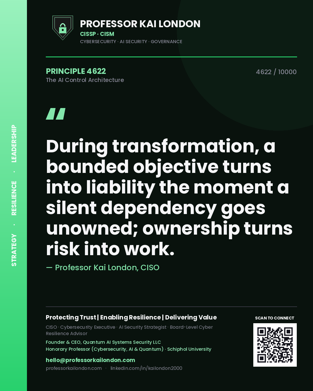 Professor Kai London principle 4622: During transformation, a bounded objective turns into liability the moment a silent dependency goes unowned; ownership turns risk into work.