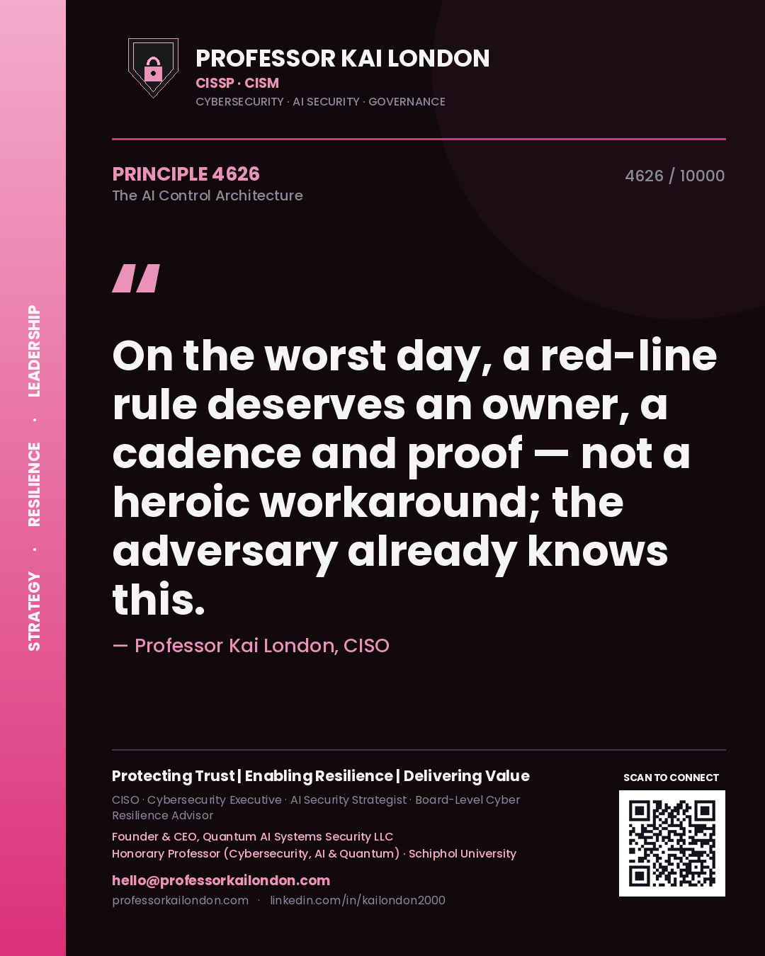 Professor Kai London principle 4626: On the worst day, a red-line rule deserves an owner, a cadence and proof — not a heroic workaround; the adversary already knows this.