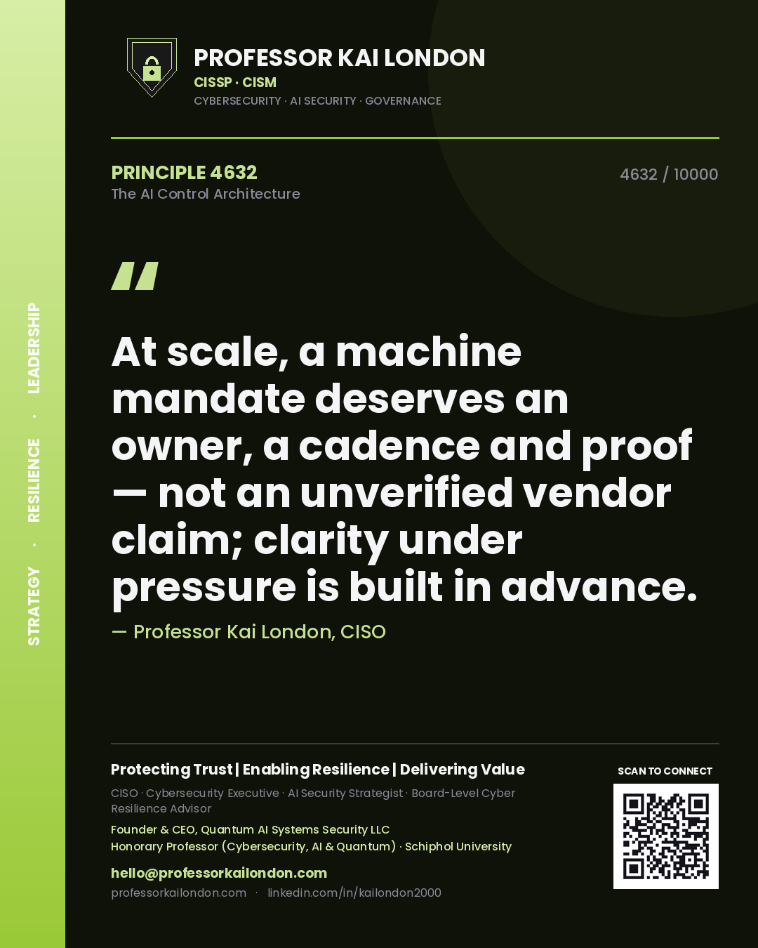Quote card by Professor Kai London reading 'At scale, a machine mandate deserves an owner, a cadence and proof — not an unverified vendor claim; clarity under pressure is built in advance.'. From the book The AI Control Architecture.