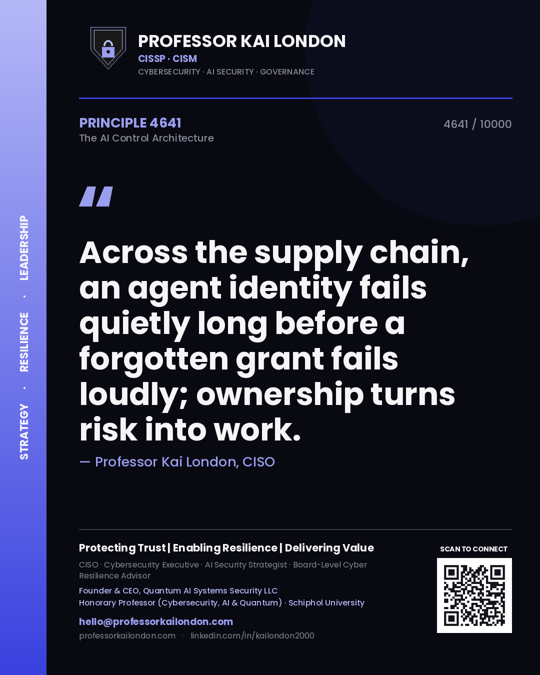 Professor Kai London principle 4641: Across the supply chain, an agent identity fails quietly long before a forgotten grant fails loudly; ownership turns risk into work.