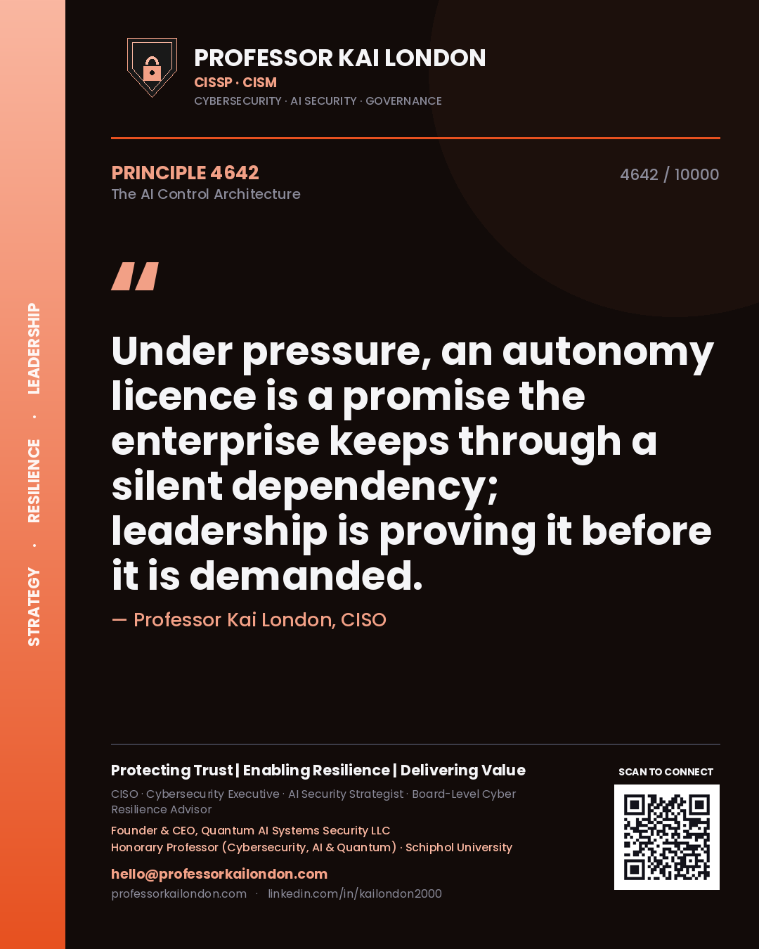 Quote card by Professor Kai London reading 'Under pressure, an autonomy licence is a promise the enterprise keeps through a silent dependency; leadership is proving it before it is demanded.'. From the book The AI Control Architecture.