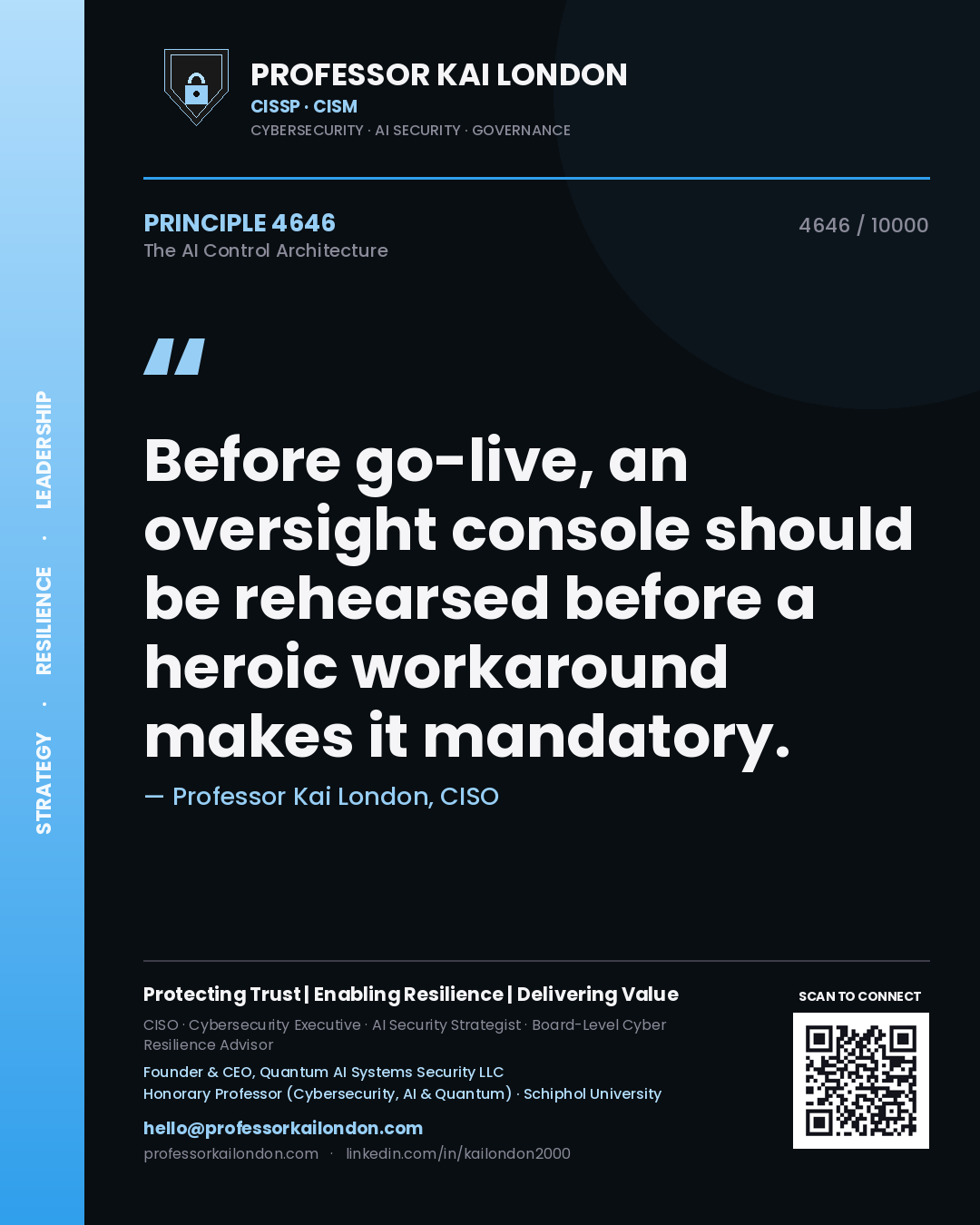 Quote card by Professor Kai London reading 'Before go-live, an oversight console should be rehearsed before a heroic workaround makes it mandatory.'. From the book The AI Control Architecture.
