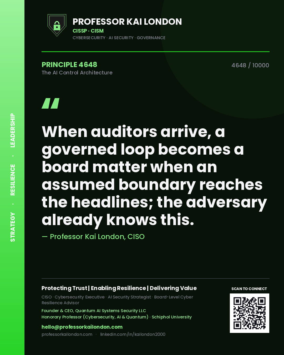 Quote card by Professor Kai London reading 'When auditors arrive, a governed loop becomes a board matter when an assumed boundary reaches the headlines; the adversary already knows this.'. From the book The AI Control Architecture.