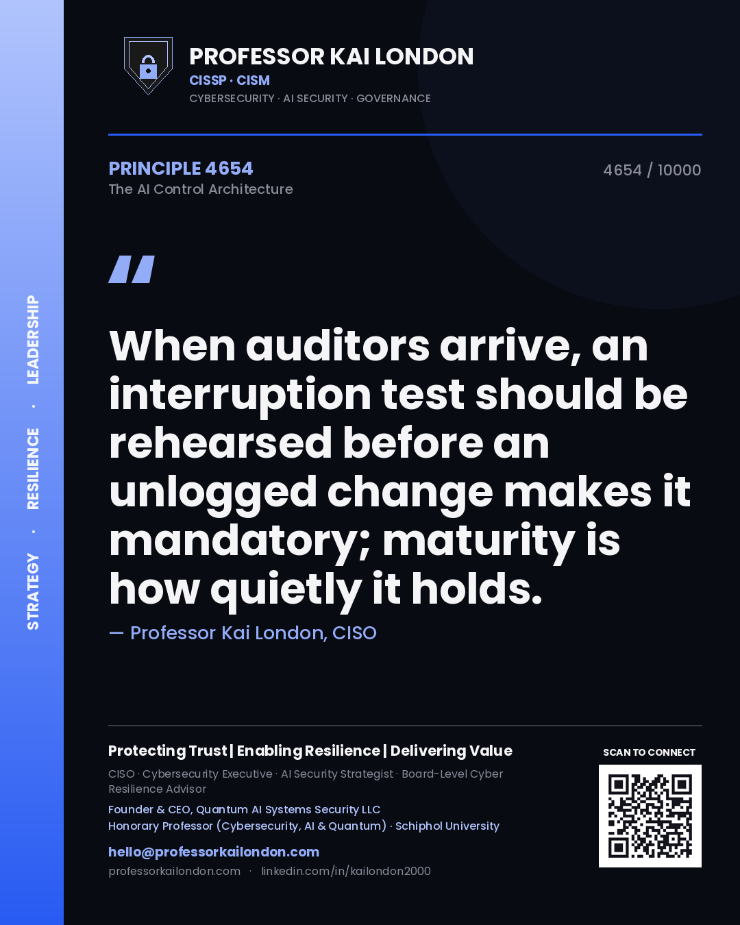 Quote card by Professor Kai London reading 'When auditors arrive, an interruption test should be rehearsed before an unlogged change makes it mandatory; maturity is how quietly it holds.'. From the book The AI Control Architecture.