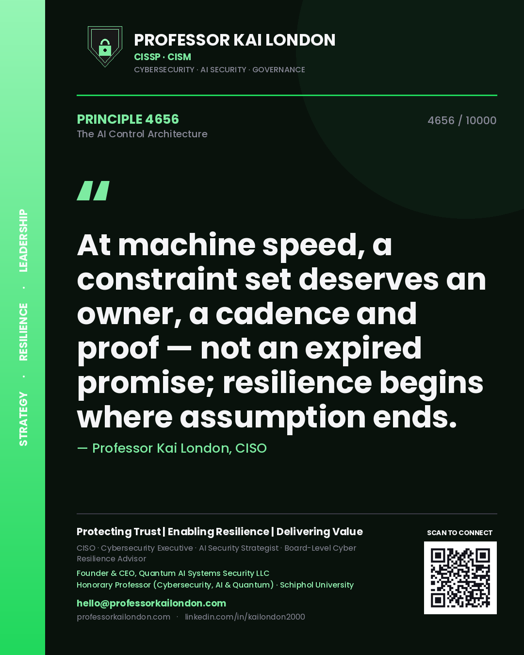 Professor Kai London principle 4656: At machine speed, a constraint set deserves an owner, a cadence and proof — not an expired promise; resilience begins where assumption ends.