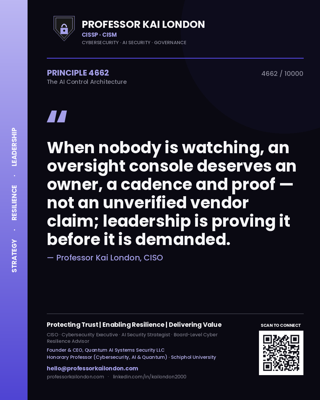 Professor Kai London principle 4662: When nobody is watching, an oversight console deserves an owner, a cadence and proof — not an unverified vendor claim; leadership is proving it before it is demanded.