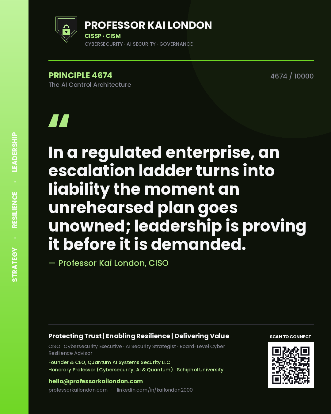 Quote card by Professor Kai London reading 'In a regulated enterprise, an escalation ladder turns into liability the moment an unrehearsed plan goes unowned; leadership is proving it before it is demanded.'. From the book The AI Control Architecture.