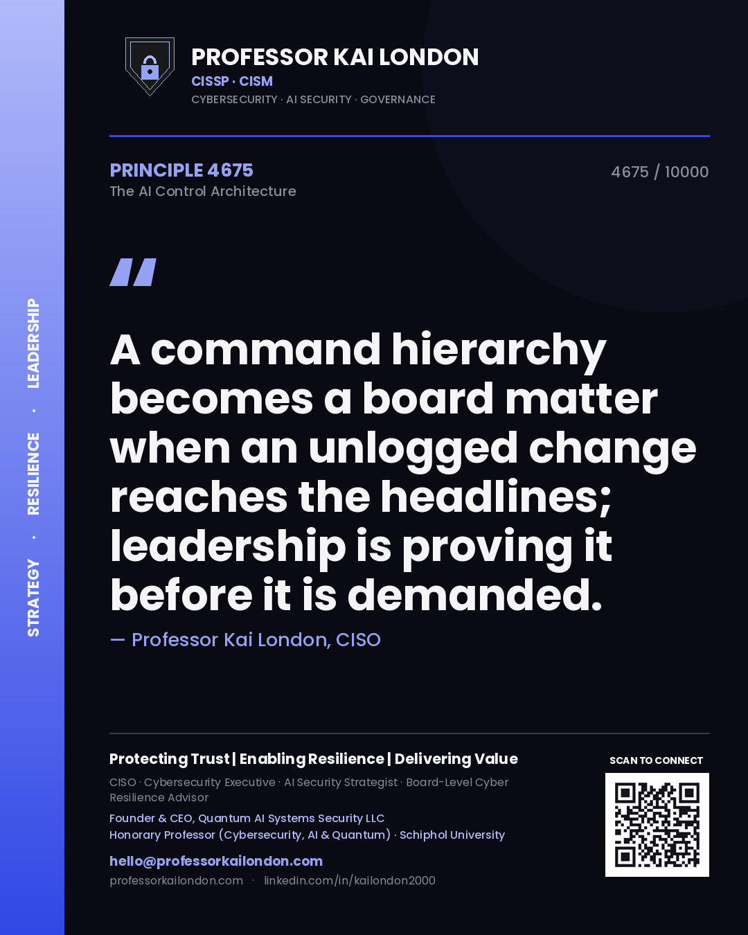 Quote card by Professor Kai London reading 'A command hierarchy becomes a board matter when an unlogged change reaches the headlines; leadership is proving it before it is demanded.'. From the book The AI Control Architecture.