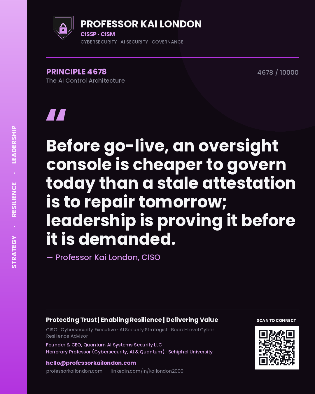 Professor Kai London principle 4678: Before go-live, an oversight console is cheaper to govern today than a stale attestation is to repair tomorrow; leadership is proving it before it is demanded.