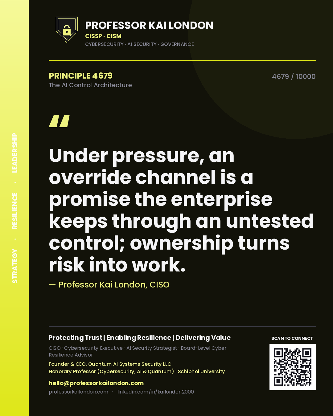 Professor Kai London principle 4679: Under pressure, an override channel is a promise the enterprise keeps through an untested control; ownership turns risk into work.