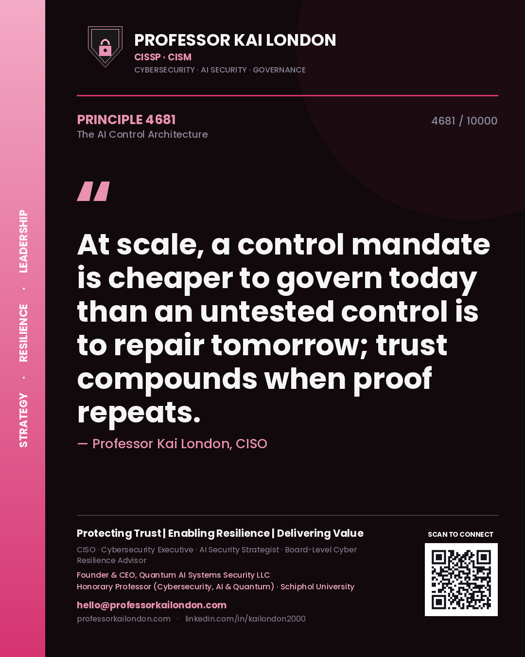 Professor Kai London principle 4681: At scale, a control mandate is cheaper to govern today than an untested control is to repair tomorrow; trust compounds when proof repeats.