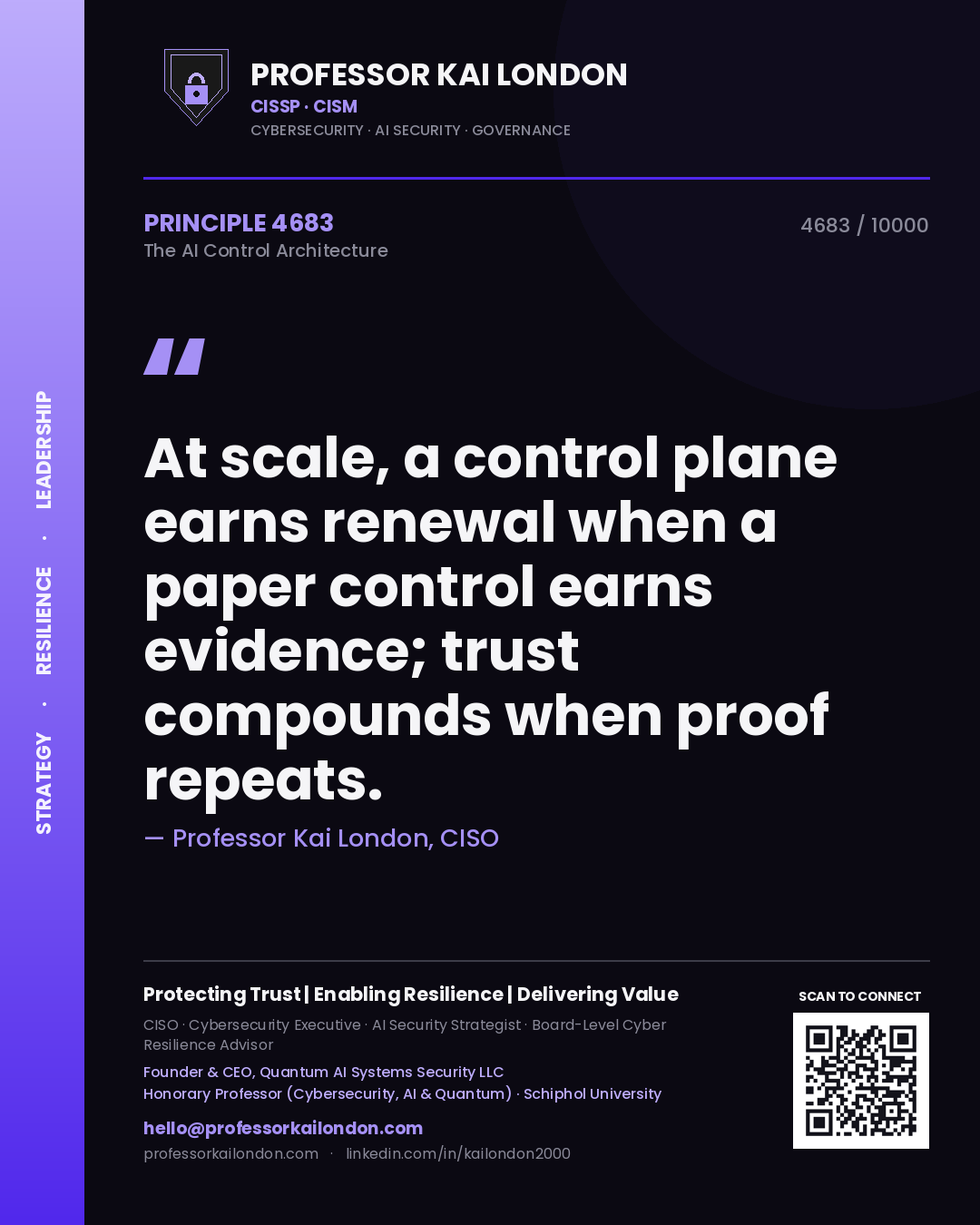 Quote card by Professor Kai London reading 'At scale, a control plane earns renewal when a paper control earns evidence; trust compounds when proof repeats.'. From the book The AI Control Architecture.