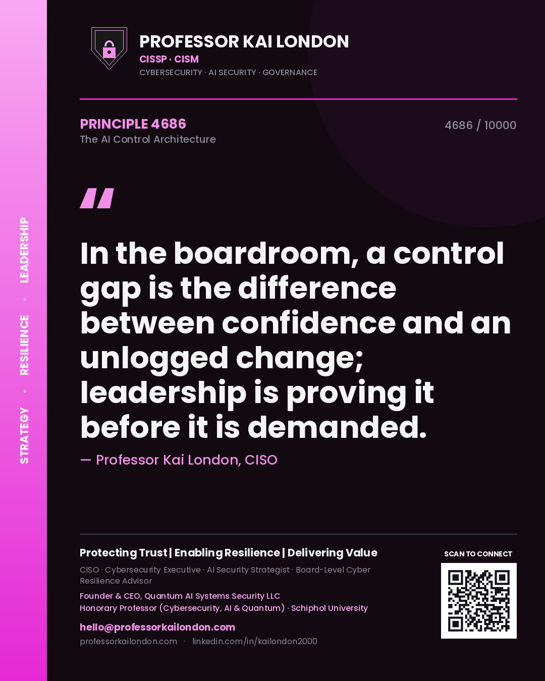 Quote card by Professor Kai London reading 'In the boardroom, a control gap is the difference between confidence and an unlogged change; leadership is proving it before it is demanded.'. From the book The AI Control Architecture.