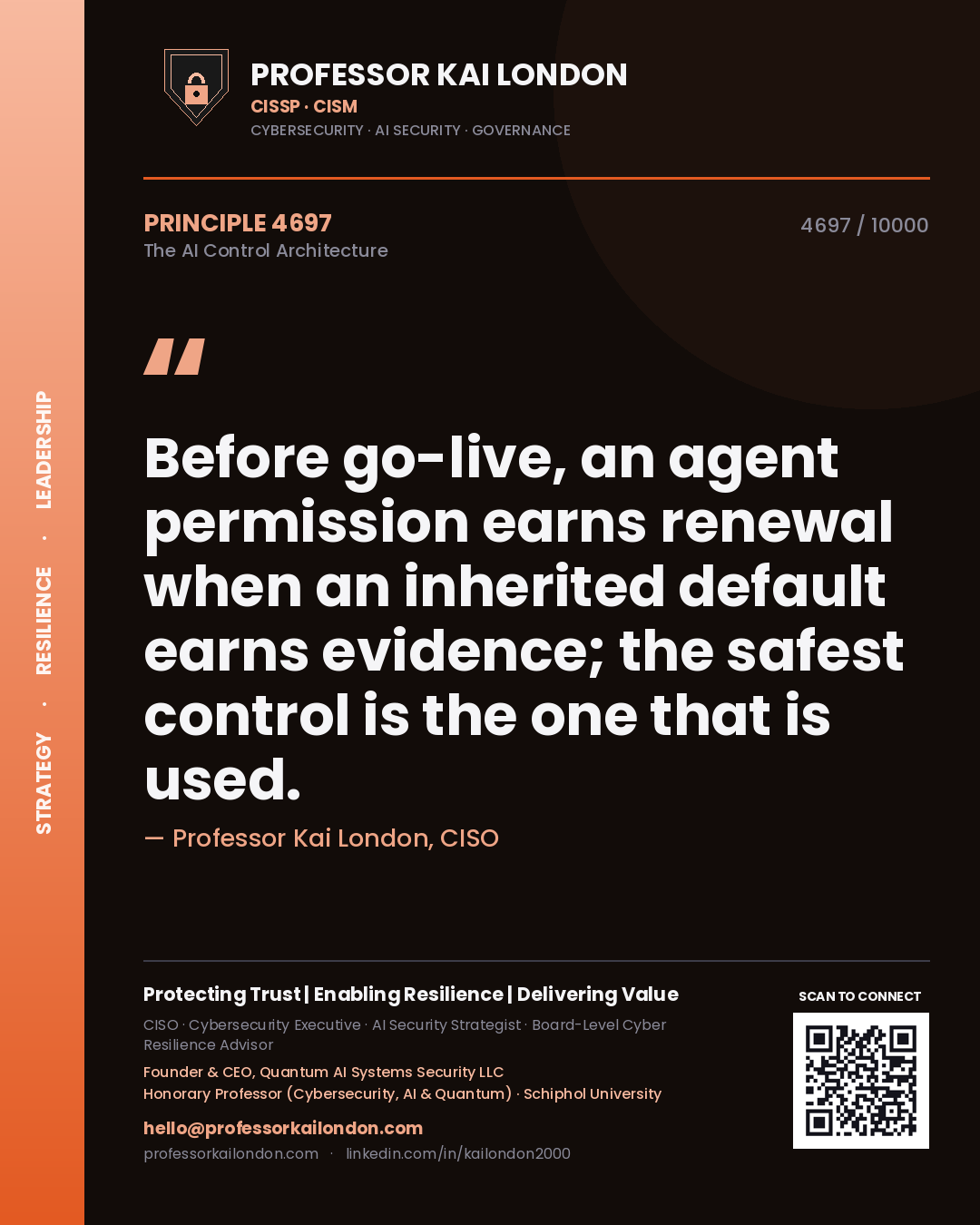 Quote card by Professor Kai London reading 'Before go-live, an agent permission earns renewal when an inherited default earns evidence; the safest control is the one that is used.'. From the book The AI Control Architecture.