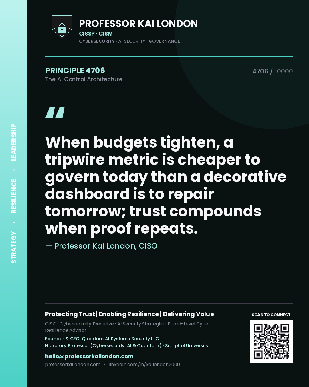 Professor Kai London principle 4706: When budgets tighten, a tripwire metric is cheaper to govern today than a decorative dashboard is to repair tomorrow; trust compounds when proof repeats.