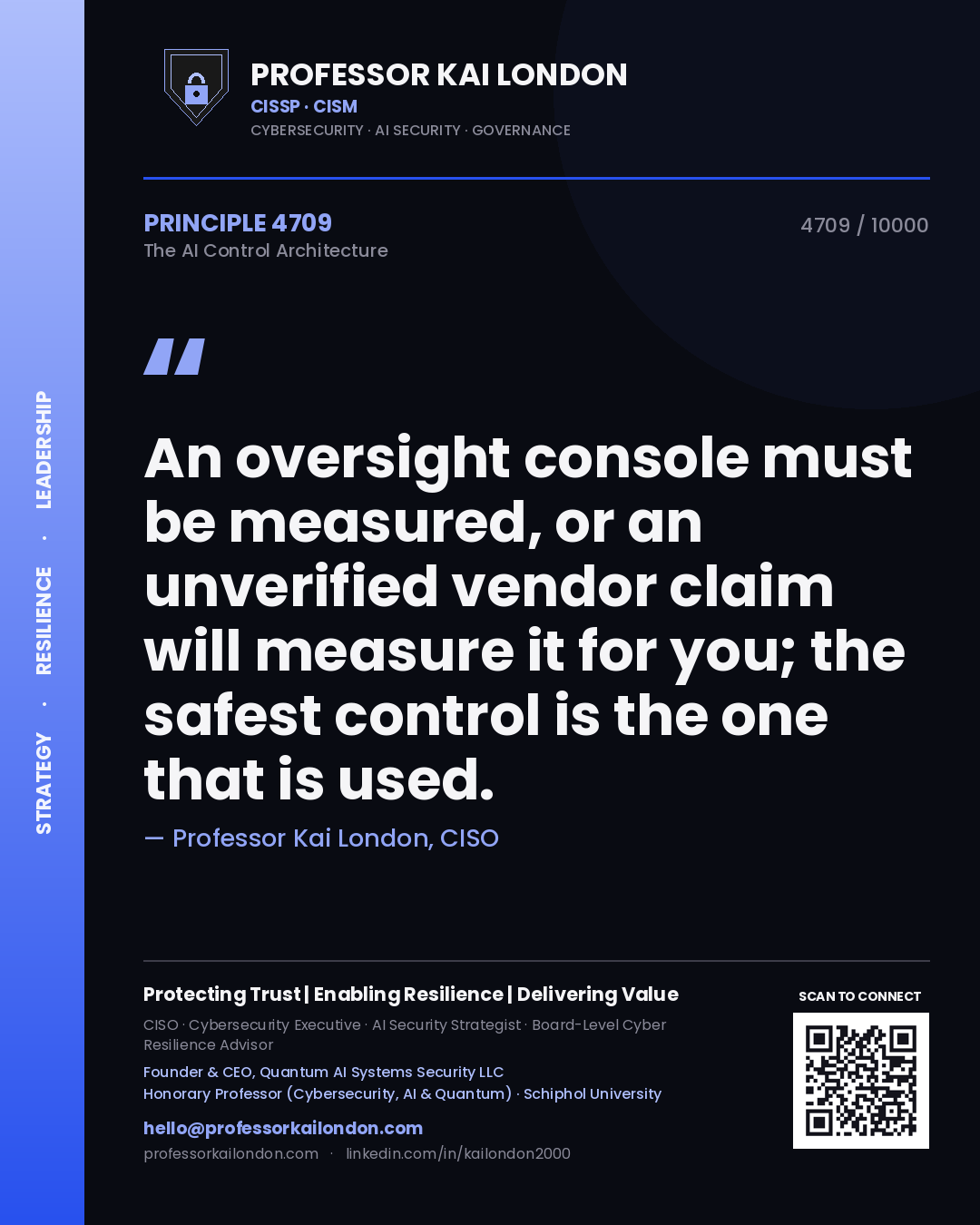 Quote card by Professor Kai London reading 'An oversight console must be measured, or an unverified vendor claim will measure it for you; the safest control is the one that is used.'. From the book The AI Control Architecture.