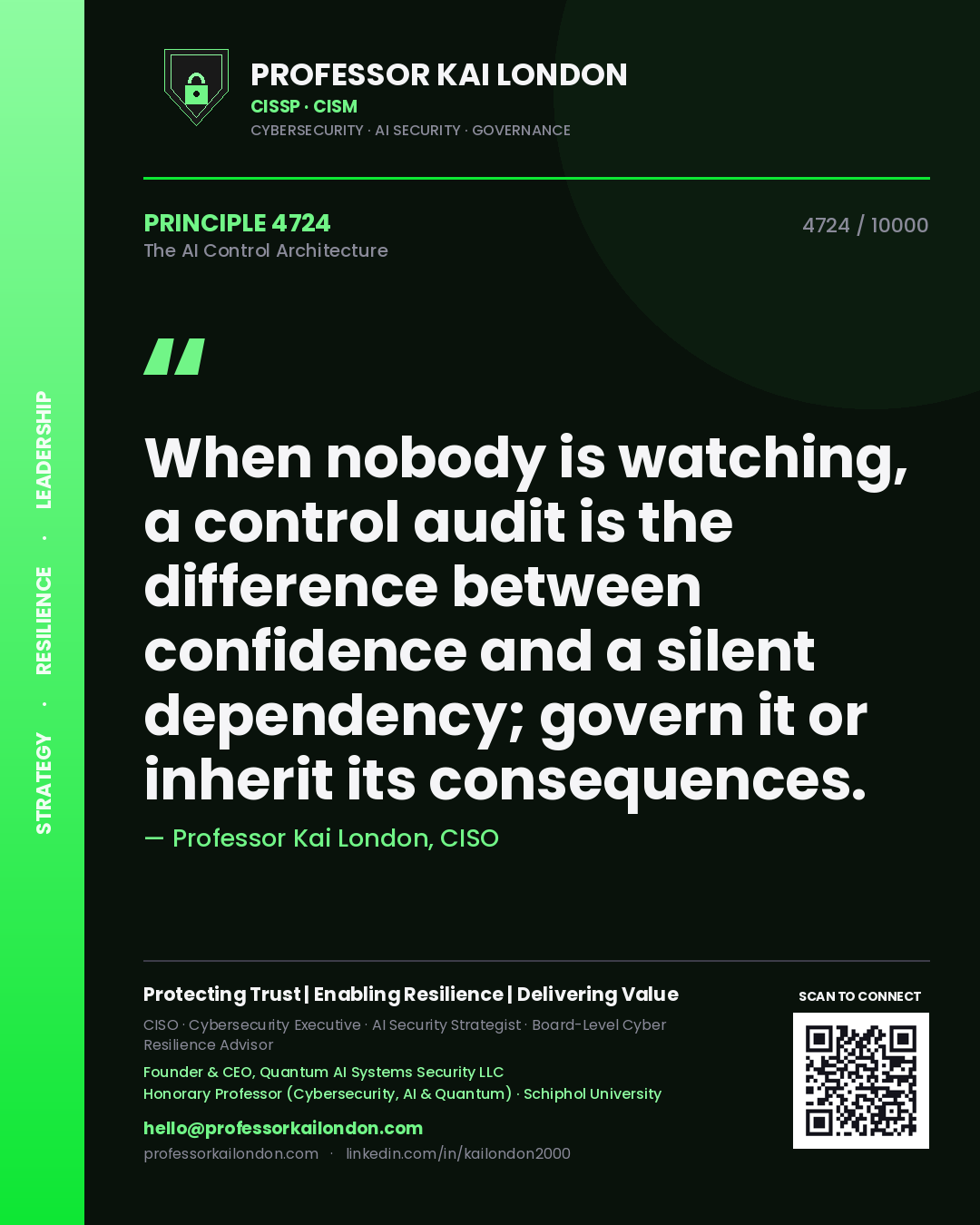 Professor Kai London principle 4724: When nobody is watching, a control audit is the difference between confidence and a silent dependency; govern it or inherit its consequences.