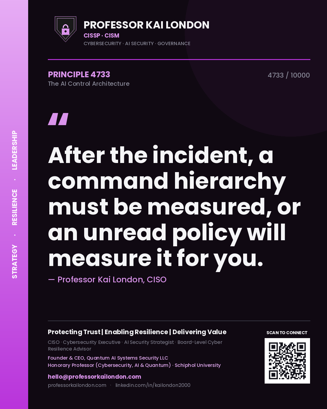 Quote card by Professor Kai London reading 'After the incident, a command hierarchy must be measured, or an unread policy will measure it for you.'. From the book The AI Control Architecture.