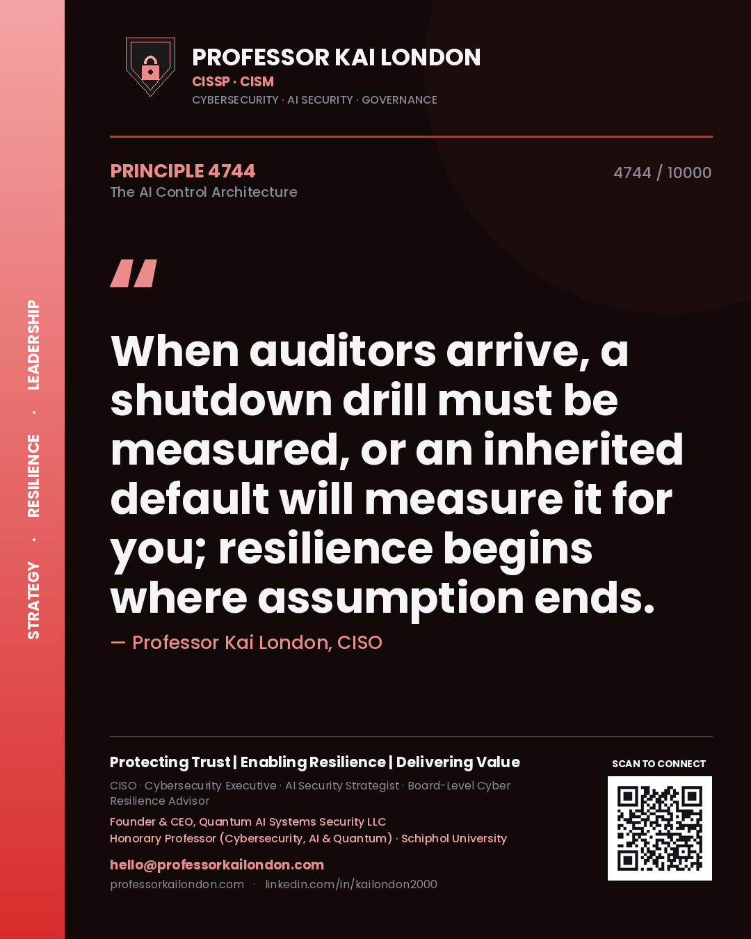 Quote card by Professor Kai London reading 'When auditors arrive, a shutdown drill must be measured, or an inherited default will measure it for you; resilience begins where assumption ends.'. From the book The AI Control Architecture.