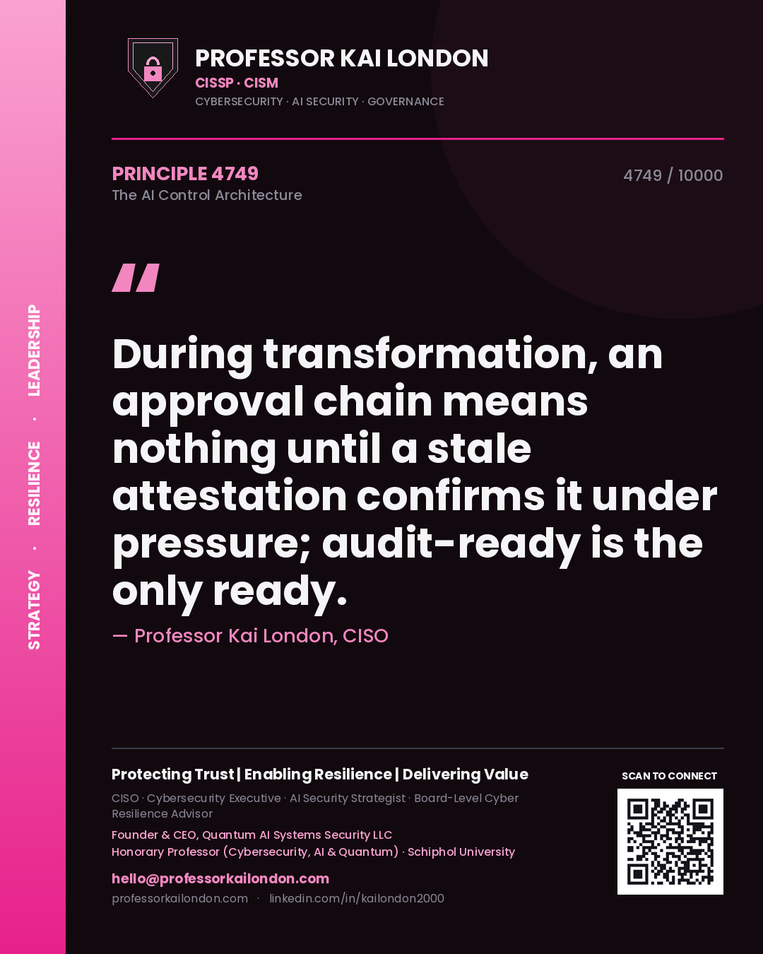 Professor Kai London principle 4749: During transformation, an approval chain means nothing until a stale attestation confirms it under pressure; audit-ready is the only ready.