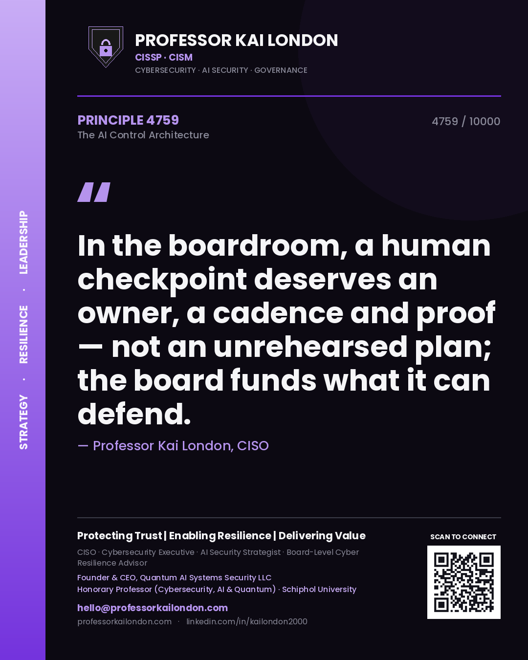 Quote card by Professor Kai London reading 'In the boardroom, a human checkpoint deserves an owner, a cadence and proof — not an unrehearsed plan; the board funds what it can defend.'. From the book The AI Control Architecture.