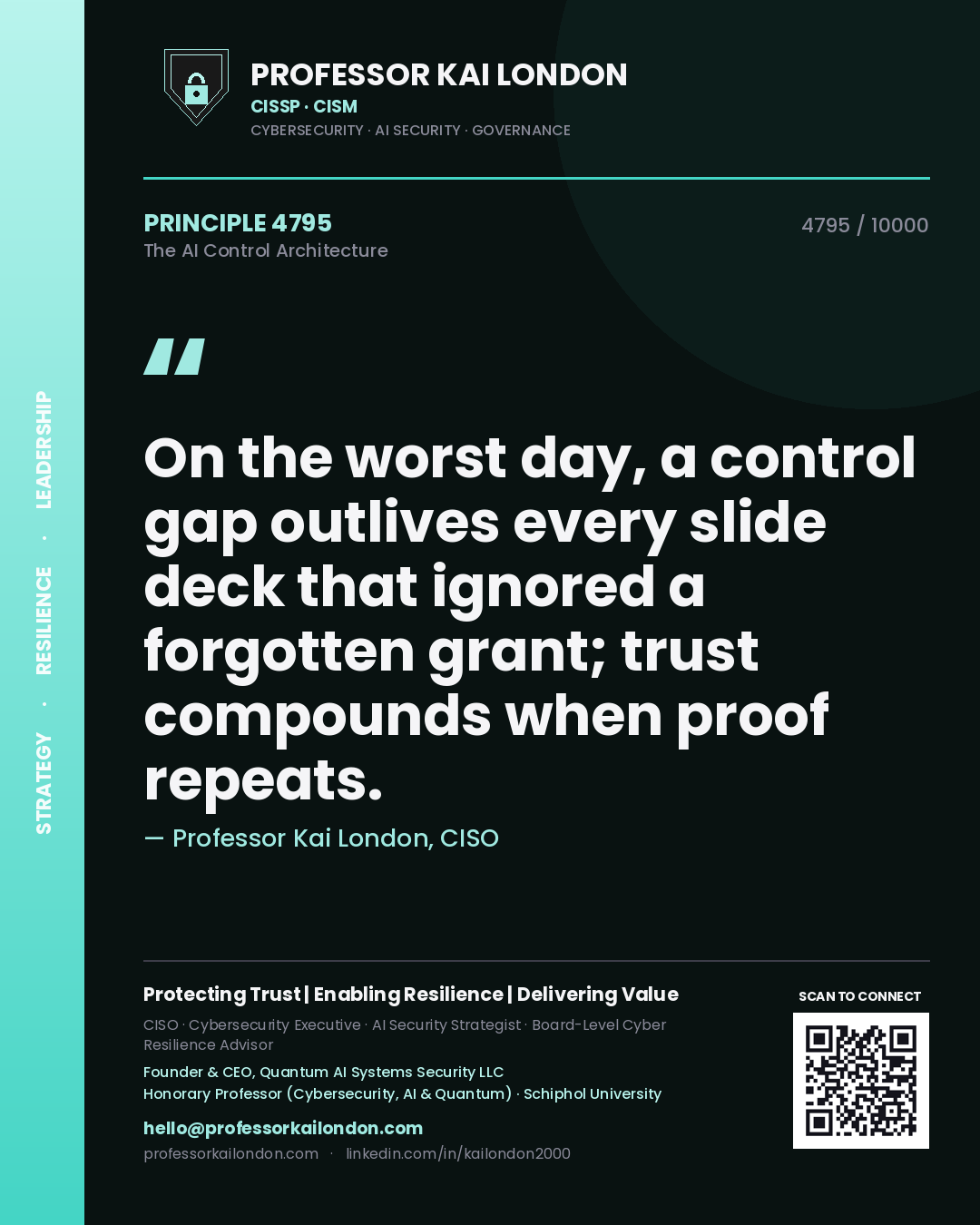 Quote card by Professor Kai London reading 'On the worst day, a control gap outlives every slide deck that ignored a forgotten grant; trust compounds when proof repeats.'. From the book The AI Control Architecture.