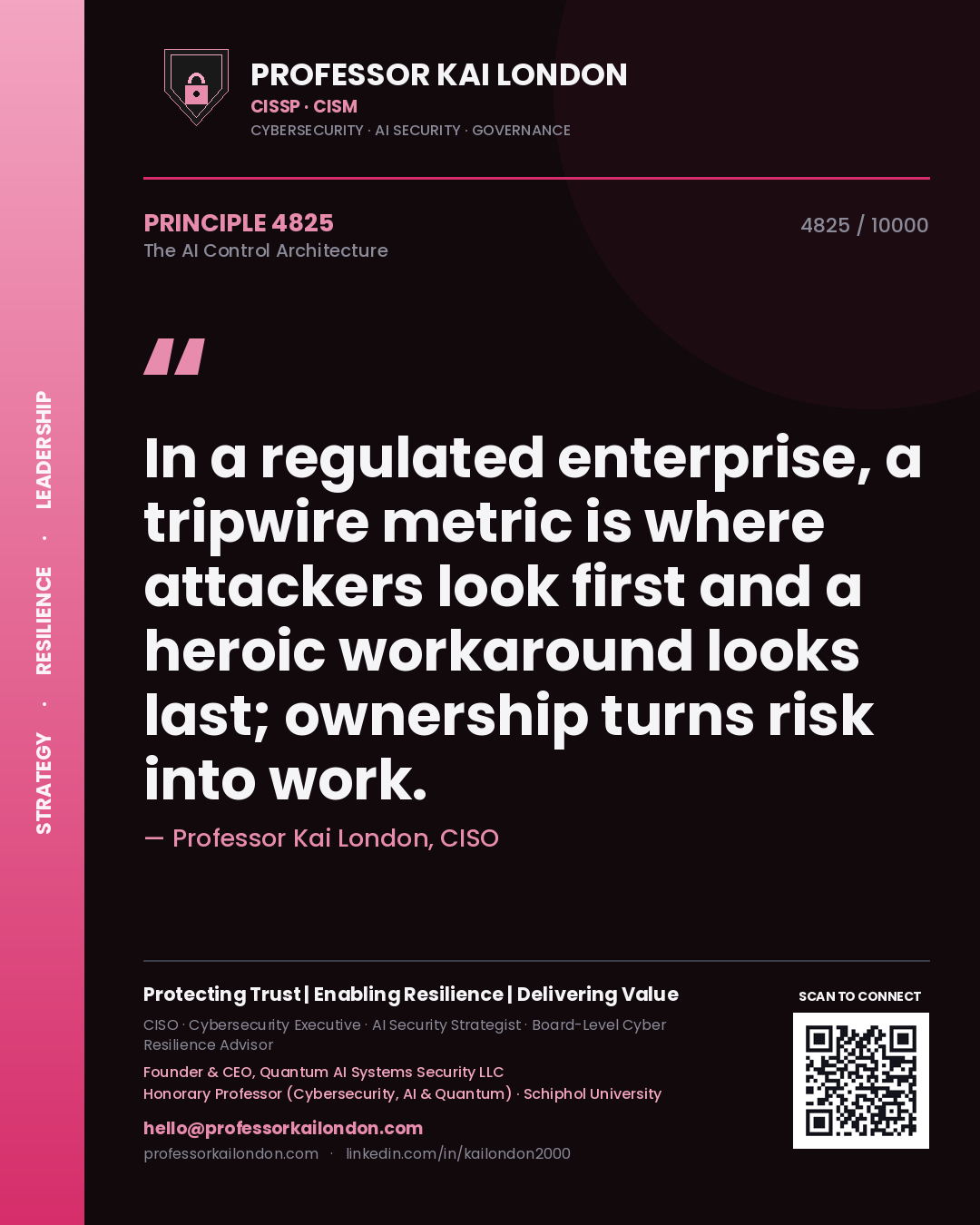 Professor Kai London principle 4825: In a regulated enterprise, a tripwire metric is where attackers look first and a heroic workaround looks last; ownership turns risk into work.
