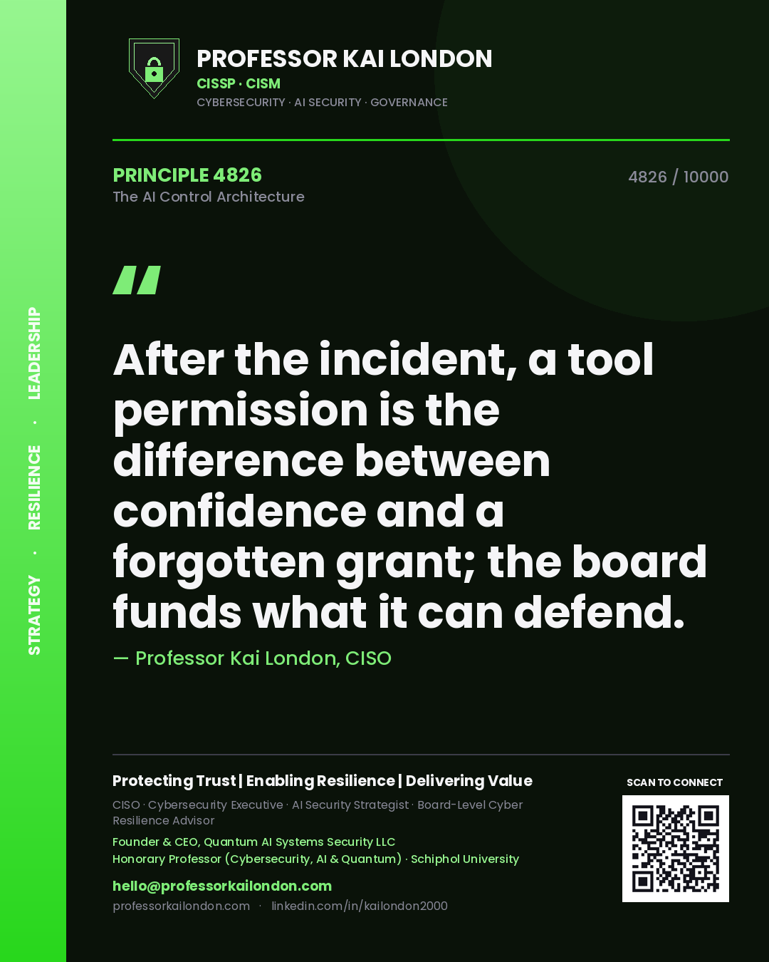 Quote card by Professor Kai London reading 'After the incident, a tool permission is the difference between confidence and a forgotten grant; the board funds what it can defend.'. From the book The AI Control Architecture.
