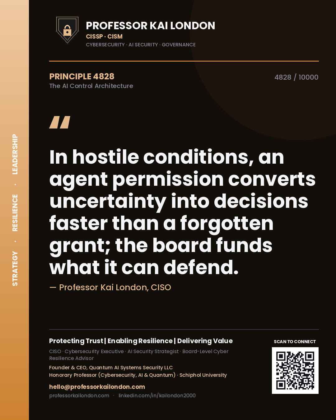Quote card by Professor Kai London reading 'In hostile conditions, an agent permission converts uncertainty into decisions faster than a forgotten grant; the board funds what it can defend.'. From the book The AI Control Architecture.