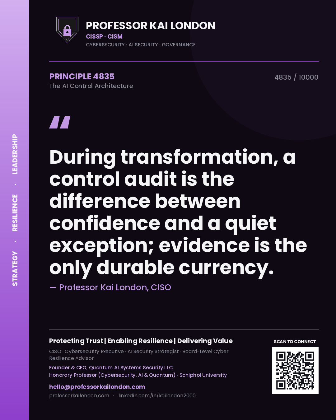 Professor Kai London principle 4835: During transformation, a control audit is the difference between confidence and a quiet exception; evidence is the only durable currency.