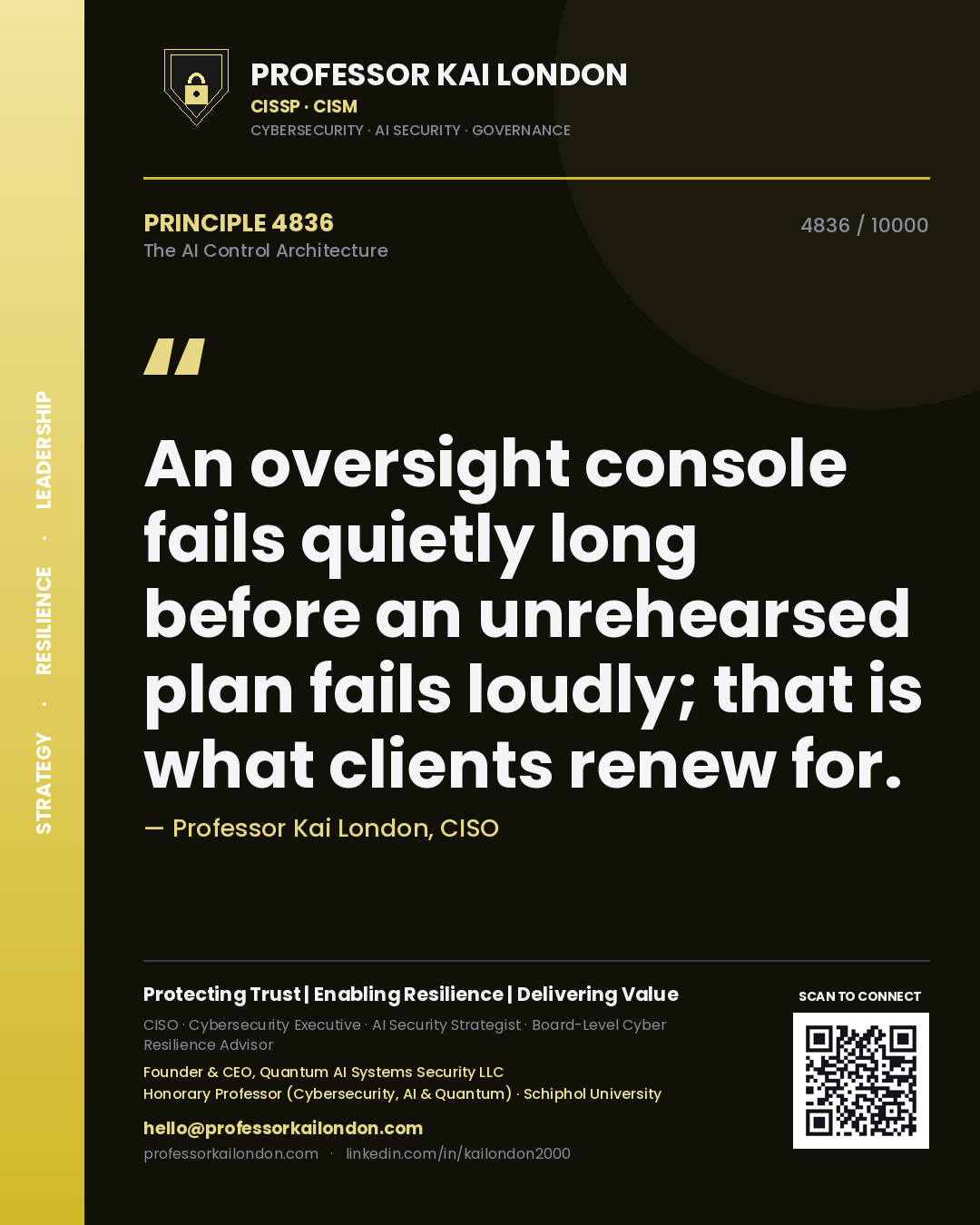 Professor Kai London principle 4836: An oversight console fails quietly long before an unrehearsed plan fails loudly; that is what clients renew for.