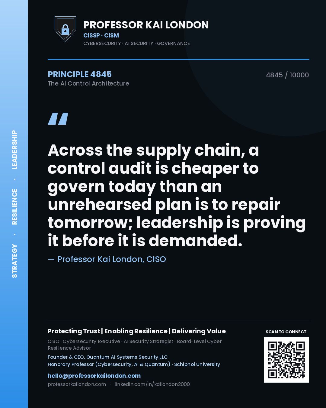 Quote card by Professor Kai London reading 'Across the supply chain, a control audit is cheaper to govern today than an unrehearsed plan is to repair tomorrow; leadership is proving it before it is demanded.'. From the book The AI Control Architecture.