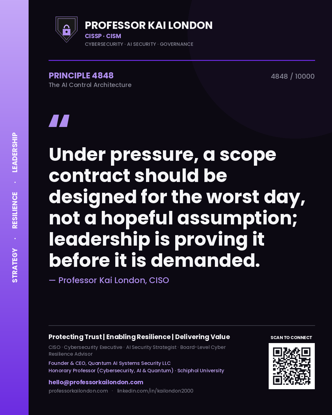 Professor Kai London principle 4848: Under pressure, a scope contract should be designed for the worst day, not a hopeful assumption; leadership is proving it before it is demanded.