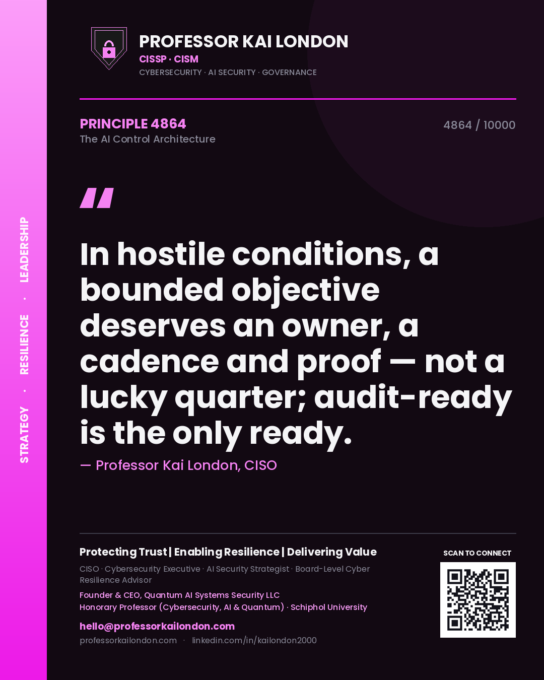 Quote card by Professor Kai London reading 'In hostile conditions, a bounded objective deserves an owner, a cadence and proof — not a lucky quarter; audit-ready is the only ready.'. From the book The AI Control Architecture.