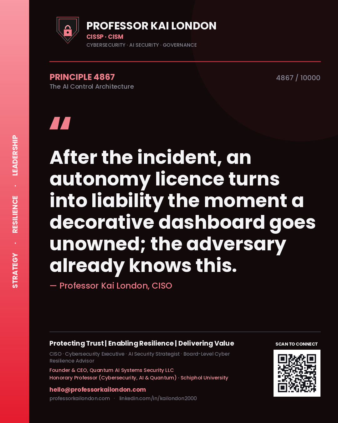 Professor Kai London principle 4867: After the incident, an autonomy licence turns into liability the moment a decorative dashboard goes unowned; the adversary already knows this.