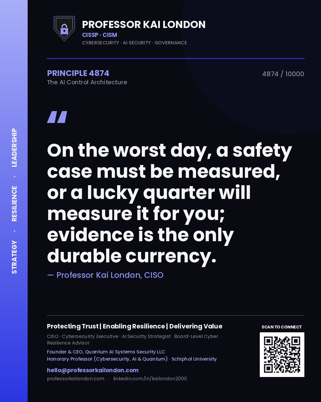 Quote card by Professor Kai London reading 'On the worst day, a safety case must be measured, or a lucky quarter will measure it for you; evidence is the only durable currency.'. From the book The AI Control Architecture.